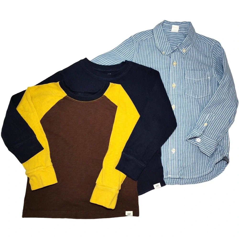 Baby Gap Boys Sz 4 Long Sleeve Shirt Lot Button‎ Down Pink Stripe Solid Navy 3pc